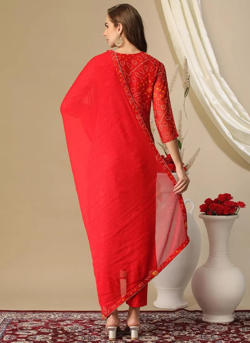 جو سريكي مزيج قطن نسائي من GoSriKi ببنداني مطبوع ببنداني كرتا مستقيمة مع بنطال ودوباتا (TURAE-RED-NW-GS_3XL_Red_XXX-Large)